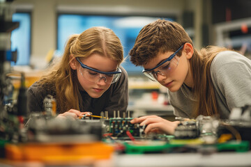 Fototapeta premium Science class scene with teenagers wearing safety glasses, collaborating on an electronic device and examining its internal parts with intense focus. Realistic and detailed artistic rendering.