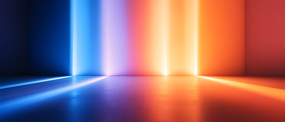 Colorful light beams casting vibrant reflections on the floor.