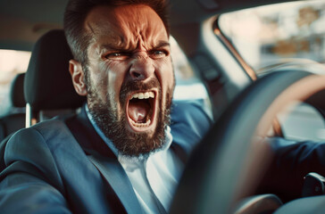 Side view of screaming bearded business man in suit driving a car and beeps