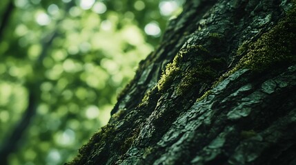 Background of Moss-Covered Tree Trunk with Deep Textures and Soft Bokeh