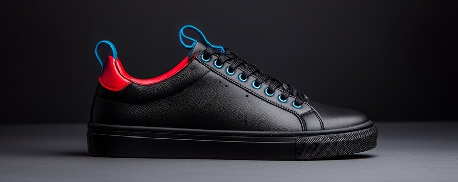 Stylish black sneaker with vibrant red and blue accents, perfect for modern casual wear.