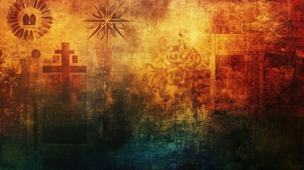 Fototapeta premium Abstract collage of religious symbols, blending into a warm, inviting background with soft light effects