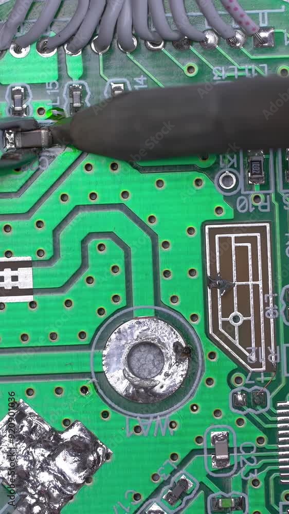 Poster microcircuit being fixed with soldering iron. computer repair concept. tweezers with chip and solder