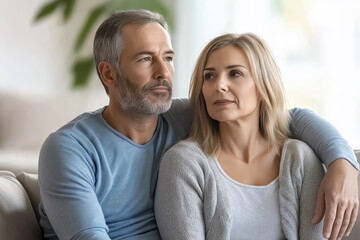 Middle-aged man is comforting his wife while they are both deep in thought about their future