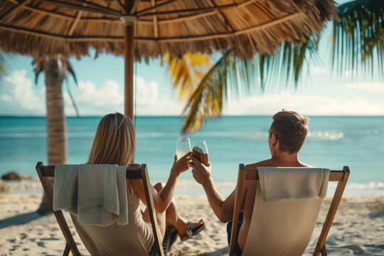 Couple relaxing in beach chairs under an umbrella, enjoying drinks and the ocean view.