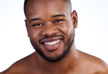 Obraz premium Black man, skincare self care portrait and studio for healthy, dermatology glow and white background. Male person, confident aesthetic and cosmetics shine by facial treatment, clean and smooth skin