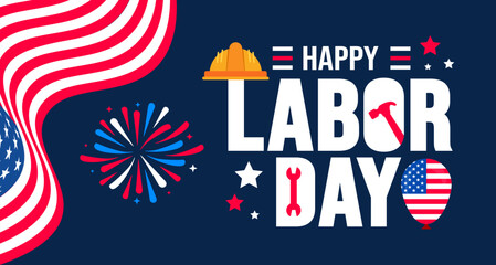USA Happy Labor Day celebration background or banner design template with American flag. Labour day Safety hard hat and Construction tools background. use to card, poster, placard, card template.