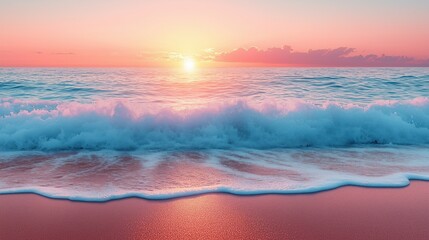 Fototapeta premium A scenic view of a calm ocean at sunrise, with soft waves and a colorful sky, capturing the tranquility, renewal, and balance that come from witnessing the daily rhythm of nature beauty, Copy space