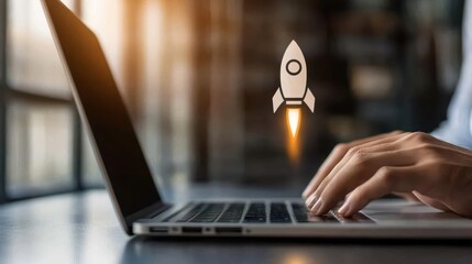 Businessman working on a laptop with a rocket icon and 2025 text, symbolizing rapid startup growth, strategic planning, and business success in the new year