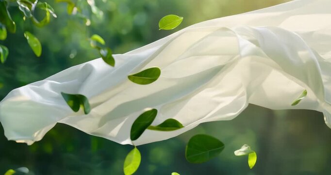 eco fresh laundry wash, ecological sustainable environmental natural clothes garment washing detergent. white cotton fabric and leaves flying slow motion in green nature