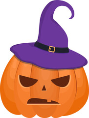 vector funny halloween pumpkin in witch hat. cartoon scary pumpkin 