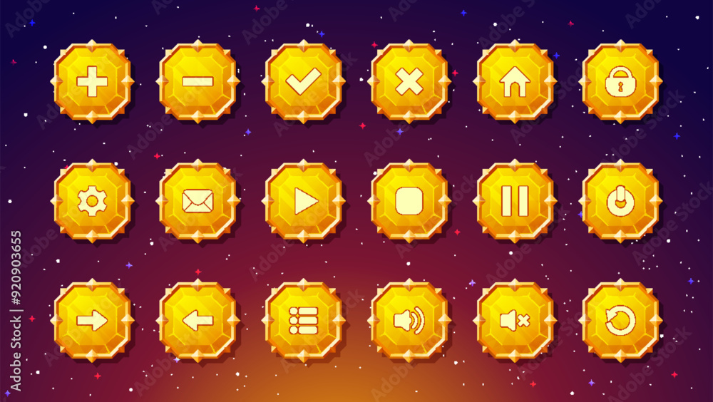 Wall mural gemstone buttons with luxury gold frame and set of menu icons for games. cute and colorful crystals 