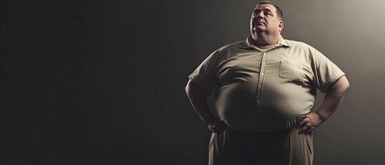 Middle aged overweight male figure standing with hands on hips and a somber facial expression captured in dramatic contrast lighting with a style and moody ambient atmosphere