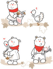 Adorable Thanksgiving set features a cute baby bear and a friendly turkey. Perfect for kids. Thanksgiving baby set vector graphics, thanksgiving kids icons