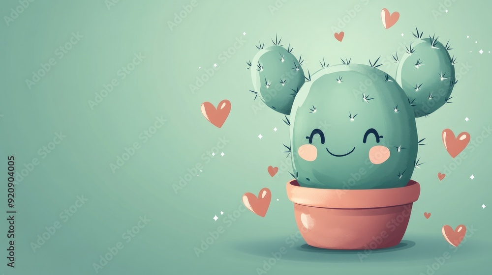 Poster adorable cartoon cactus character with a friendly face, surrounded by little hearts. plenty of space
