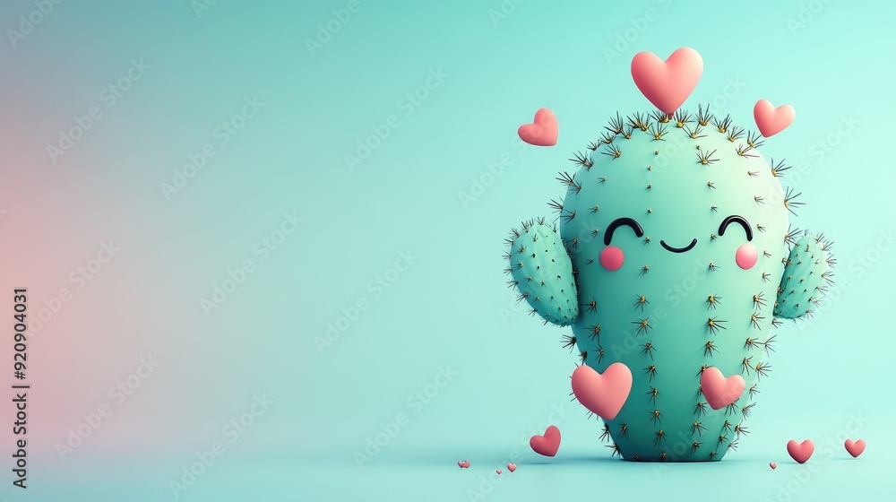 Poster adorable cartoon cactus character with a friendly face, surrounded by little hearts. plenty of space