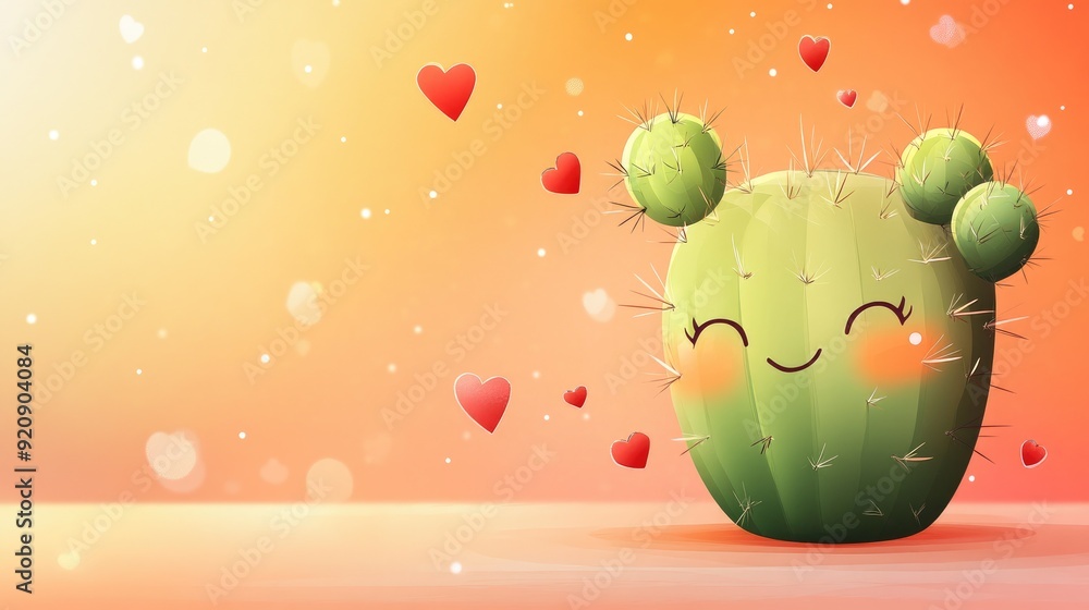 Poster adorable cartoon cactus character with a friendly face, surrounded by little hearts. plenty of space