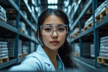Obraz premium A female scientist in a white lab coat and safety glasses is holding a tablet while standing in a laboratory, surrounded by shelves filled with scientific materials.