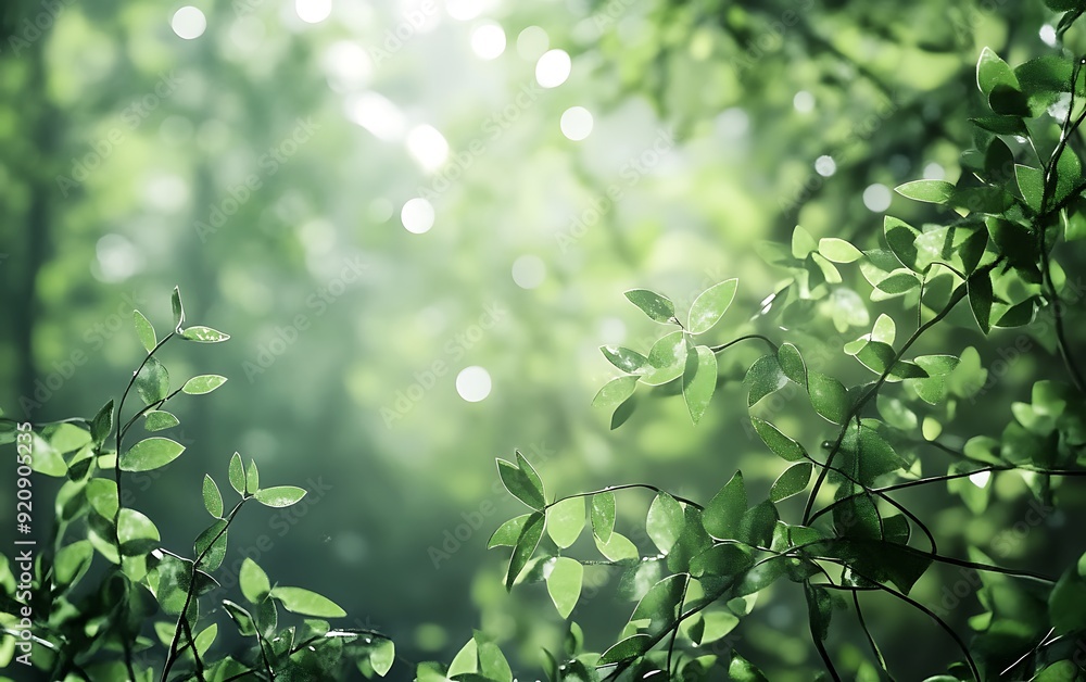 Fototapete background of dense forest with layers of green leaves and soft bokeh