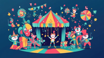 Obraz premium Adorable cartoon performers in a circus act, including clowns, trapeze artists, and circus animals, with bright and colorful decorations