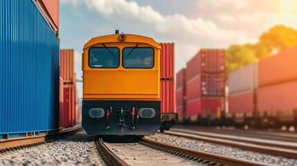 Obraz premium A vibrant yellow train stands amidst colorful shipping containers under a bright sky, highlighting industrial transportation.