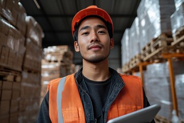 A young male engineer confidently holding a tablet, wearing a reflective vest in an industrial warehouse, representing technological proficiency and organizational skills.