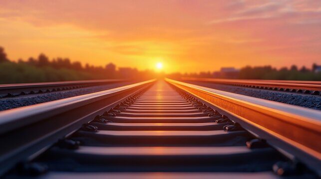 A serene sunset casts warm hues over parallel railway tracks, evoking a sense of journey and tranquility in nature.