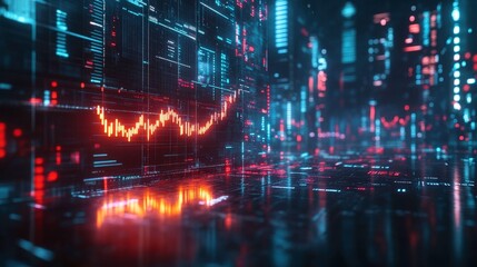 Fototapeta premium A digital landscape showcasing financial data and trends in a futuristic city environment.