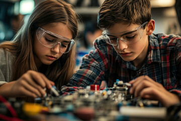 Fototapeta premium Young teens in a science lab, wearing safety glasses, working on an electronic device with intense concentration, examining its internal workings. Realistic portrayal with detailed art.