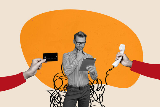 Composite trend artwork sketch image photo collage of young man office manager multitasking stand hold epad credit bank card landline phone