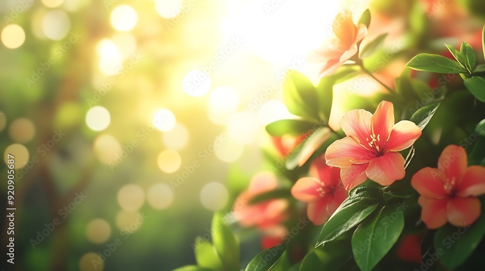 Aufkleber background with blooming flowers in vibrant colors and soft bokeh