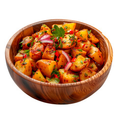 Spicy potatoes isolated on white or transparent background. Traditional spanish dish. Spicy potatoes with herbs in a wooden plate. Side view.