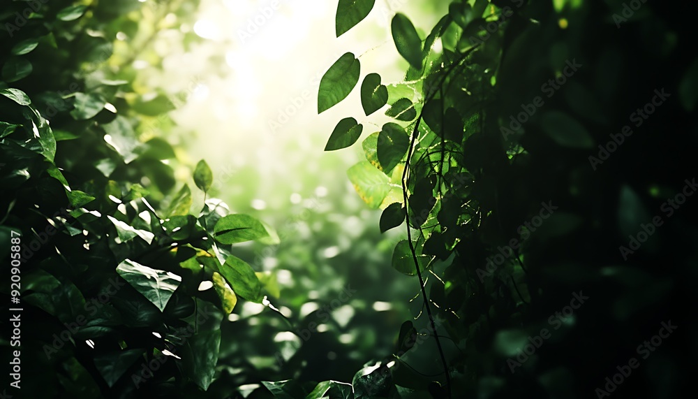 Poster background of thick jungle vines and leaves with soft bokeh