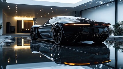 A sleek black sports car reflecting lights in a modern garage, embodying luxury and high...