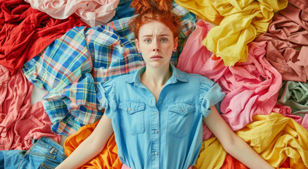 Shocked woman laying on huge pile of colorful dirty clothing. Housework concept