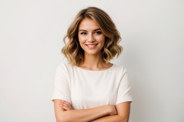 Cheerful lady posing happily with arms crossed against light background