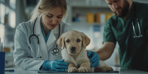 A veterinarian examines an adorable puppy in a wellequipped clinic, ensuring its health and wellbeing. The vets expertise is crucial in puppy care and overall health monitoring