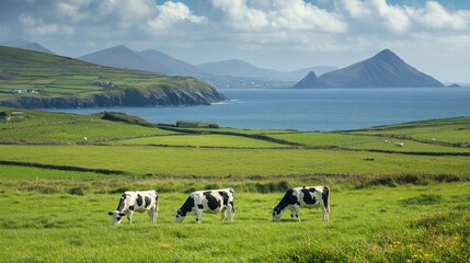 Three Cows Grazing on a Green Pasture with a Scenic View of a Blue Sea and Mountains in the Background