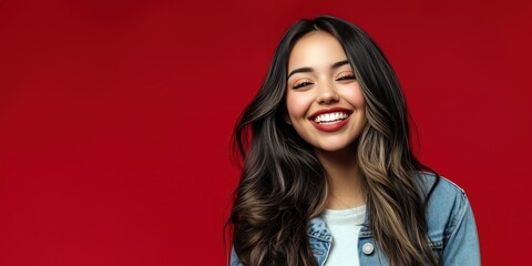 Une jeune femme mexicaine  âgée de 20 ans, brune aux cheveux longs, souriante sur un fond isolé rouge, image avec espace pour texte.