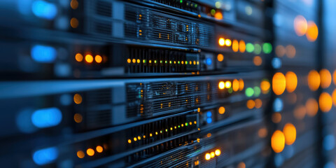 Computer servers in server room, data storage security background panorama