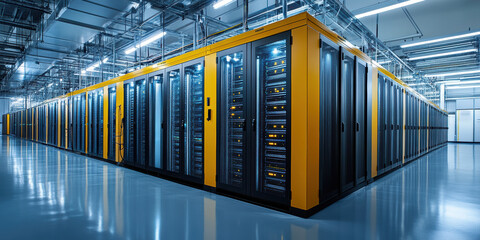Computer servers in server room, data storage security background panorama