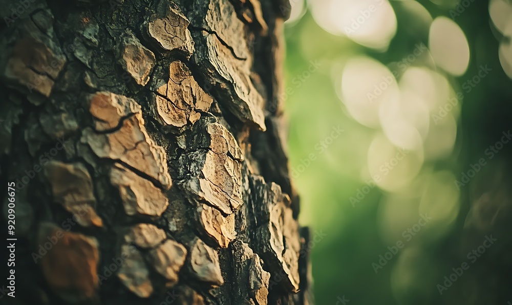 Leinwandbilder background with close-up of rough tree bark and soft green bokeh
