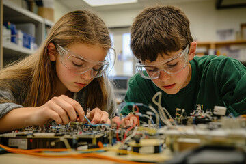 Fototapeta premium Teenage students in science class wearing safety glasses, intently working together on an electronic device, exploring its components with focused expressions. Realistic artistic style.