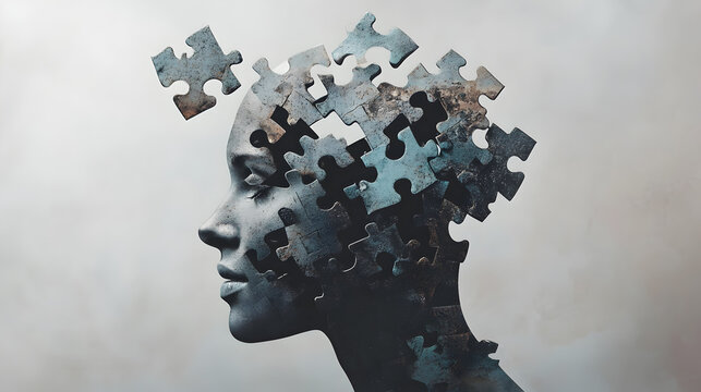 A minimalist head with a series of floating, disjointed puzzle pieces, depicting the fragmented nature of thought processes.


