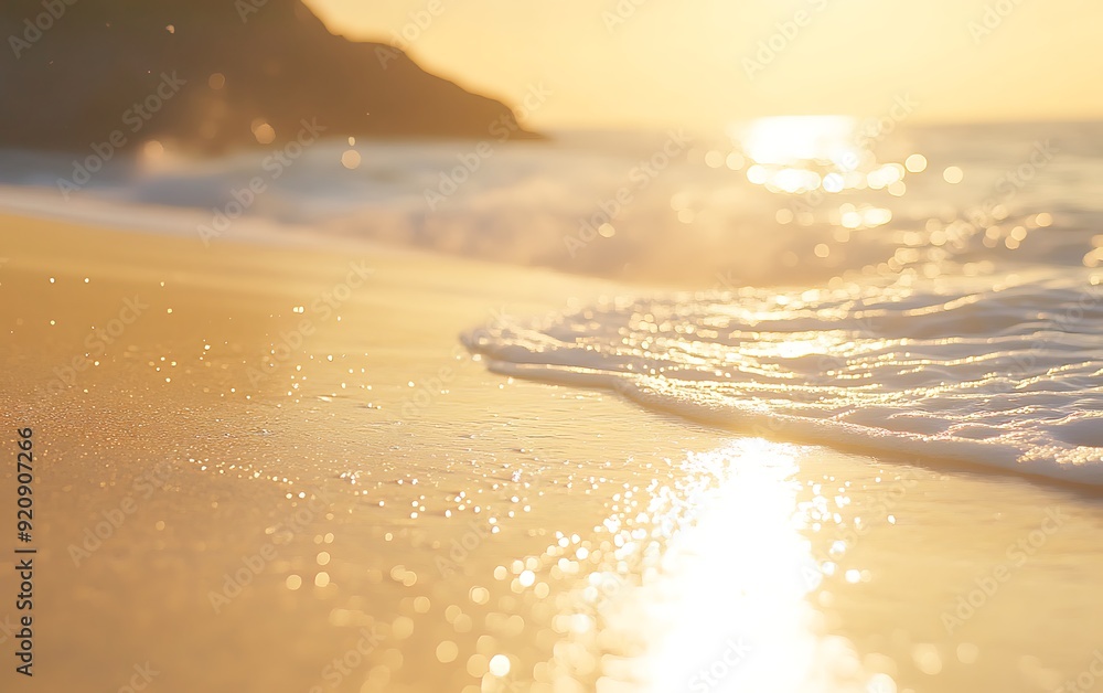 Aufkleber Background of Serene Beach at Sunset with Soft Golden Sand and Bokeh Waves