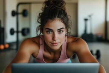 A determined young woman in a pink top is seen in a gym setting, working diligently on her laptop, showcasing a blend of fitness and productivity.