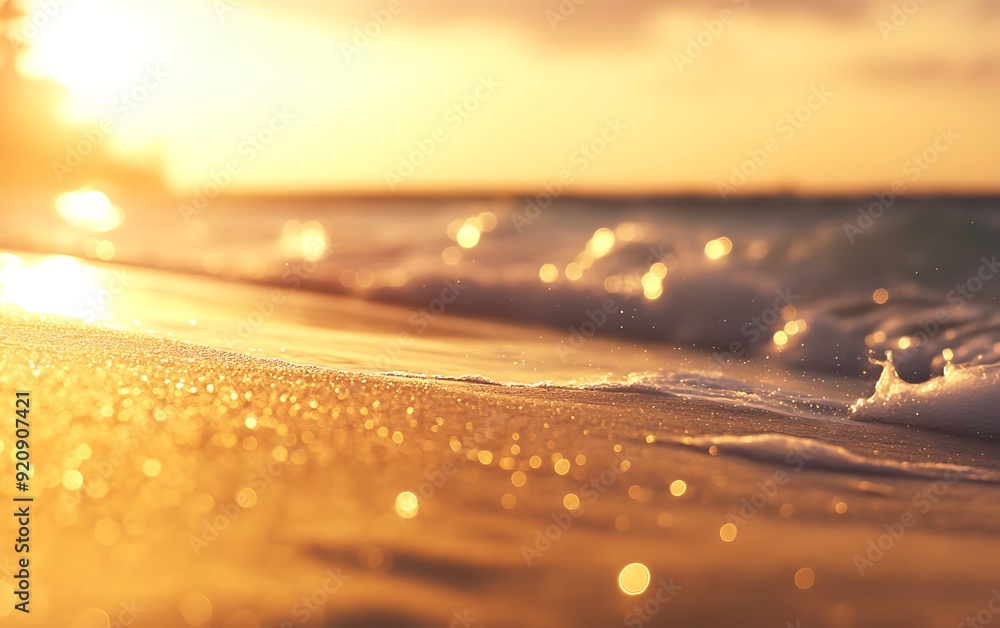 Poster background of serene beach at sunset with soft golden sand and bokeh waves