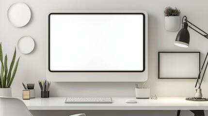 Fototapeta premium A minimalist workspace with a white computer monitor, a keyboard, a mouse, and a plant on a white desk.