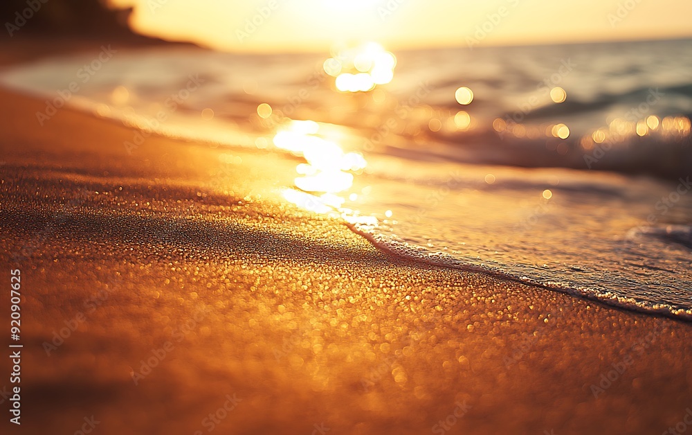 Poster background of serene beach at sunset with soft golden sand and bokeh waves