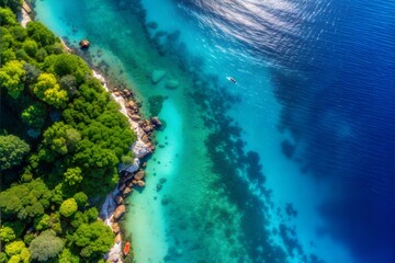 Aerial top view on a beautiful island, waves, coral reefs in the ocean, crystal clear turquoise water, tropical paradise
